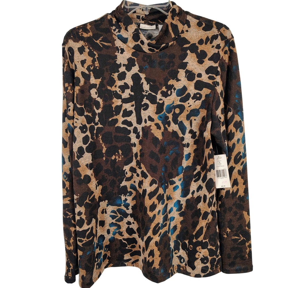 NWT Kim Rogers Womens XL Ruched Mock Neck Top Multicolor Leopard Print Mobwife